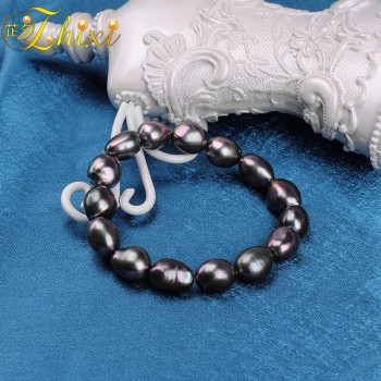 ZHIXI Man Jewlery Pearl jewelry Natural fresh Water Baroque Pearl Bracelets 9-10mm Black Strand bracelets Gift For Love S106