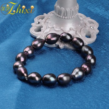 ZHIXI Man Jewlery Pearl jewelry Natural fresh Water Baroque Pearl Bracelets 9-10mm Black Strand bracelets Gift For Love S106