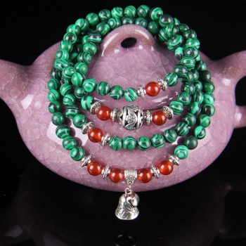 Fashion Natural Malachite and Red Stone Stone 108 Beads Beaded Strand Bracelets Tibetan Rosary Buddhism Prayer Beads