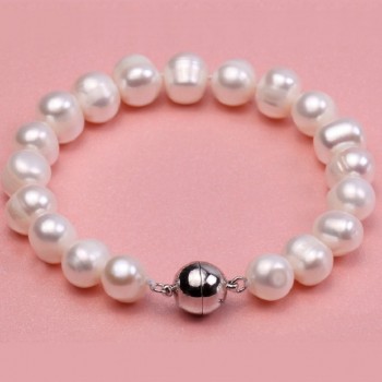 JYX Natural 8-10mm White Round Freshwater Pearl Bracelet Men Women 7.5