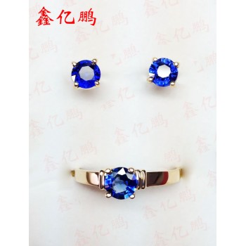 18 k gold inlaid natural Sri Lanka sapphire earrings suit ring earrings The royal blue