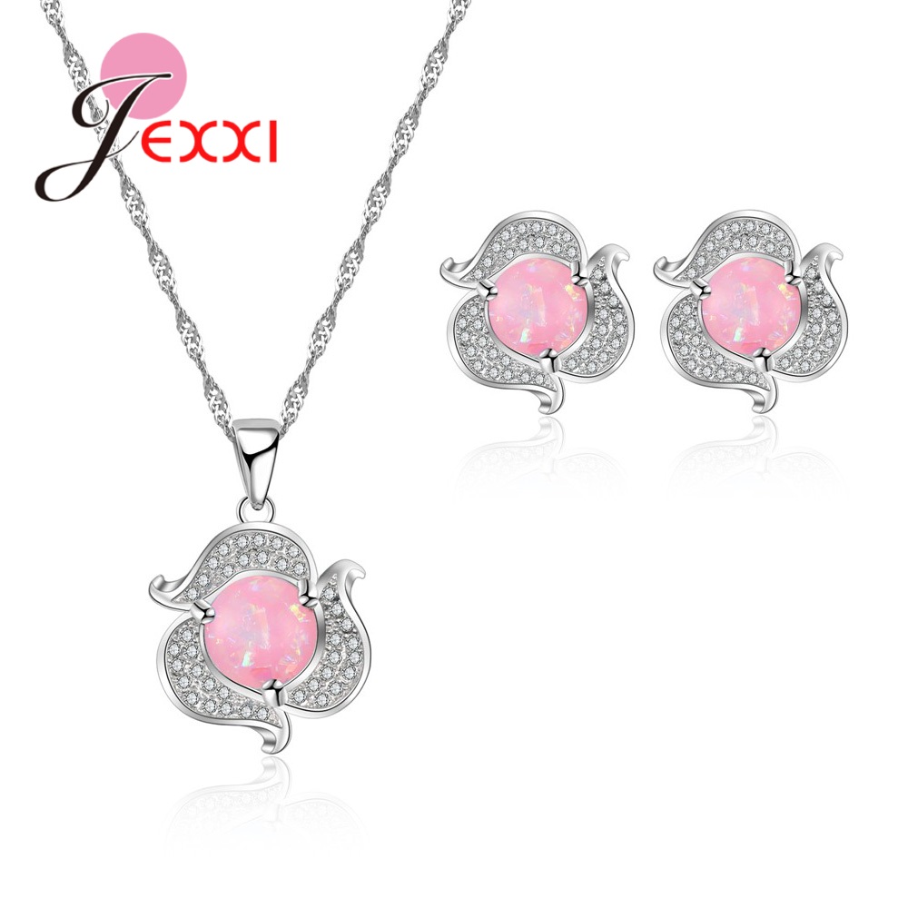 Jemmin Explosion Jewelry Set 925 Sterling Silver Flower Shape Pink Sky blue Crystal Zircon Earrings Necklace Holiday Party