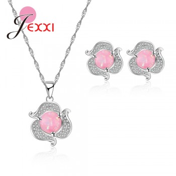 Jemmin Explosion Jewelry Set 925 Sterling Silver Flower Shape Pink Sky blue Crystal Zircon Earrings Necklace Holiday Party