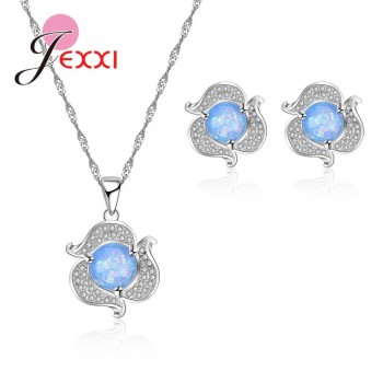 Jemmin Explosion Jewelry Set 925 Sterling Silver Flower Shape Pink Sky blue Crystal Zircon Earrings Necklace Holiday Party