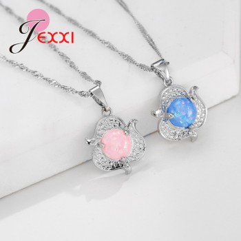Jemmin Explosion Jewelry Set 925 Sterling Silver Flower Shape Pink Sky blue Crystal Zircon Earrings Necklace Holiday Party