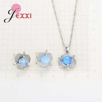 Jemmin Explosion Jewelry Set 925 Sterling Silver Flower Shape Pink Sky blue Crystal Zircon Earrings Necklace Holiday Party