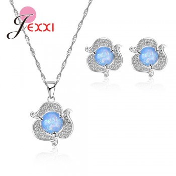 Jemmin Explosion Jewelry Set 925 Sterling Silver Flower Shape Pink Sky blue Crystal Zircon Earrings Necklace Holiday Party