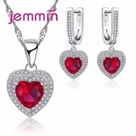 Jemmin Charm Wedding Jewelry Set Red Color Crystal Rhinestones Heart Shape Pendant Necklace Earrings Set 925 Sterling Silver
