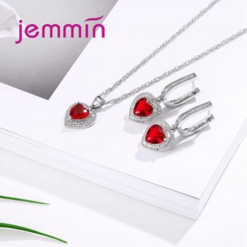 Jemmin Charm Wedding Jewelry Set Red Color Crystal Rhinestones Heart Shape Pendant Necklace Earrings Set 925 Sterling Silver