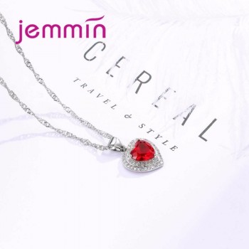 Jemmin Charm Wedding Jewelry Set Red Color Crystal Rhinestones Heart Shape Pendant Necklace Earrings Set 925 Sterling Silver
