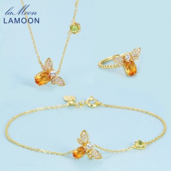 LAMOON Bee 5x7mm 1ct 100% Natural Citrine 925 Sterling Silver Jewelry S925  Jewelry Set V027-1