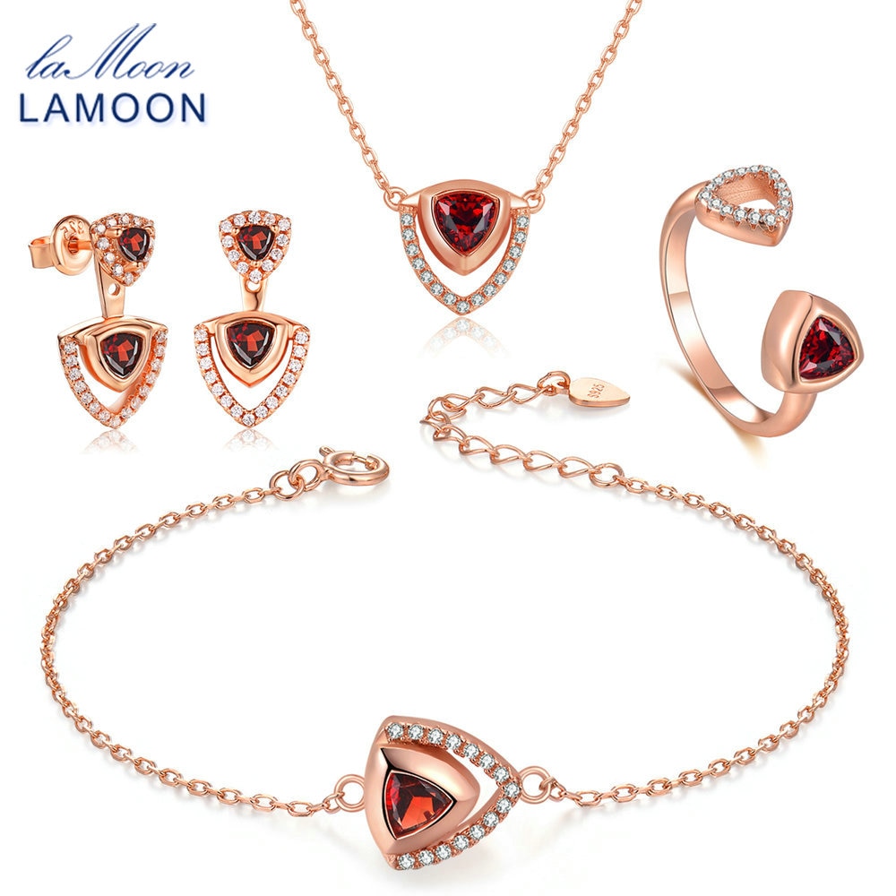 LAMOON Red Garnet Real Natural Gemstone S925 Sterling Silver Fine Jewelry Set for Women Wedding Engagement Luxury Bijoux V026-1