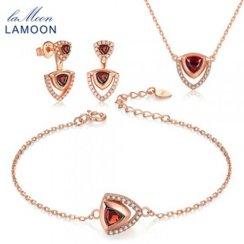 LAMOON Red Garnet Real Natural Gemstone S925 Sterling Silver Fine Jewelry Set for Women Wedding Engagement Luxury Bijoux V026-1