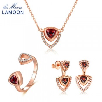 LAMOON Red Garnet Real Natural Gemstone S925 Sterling Silver Fine Jewelry Set for Women Wedding Engagement Luxury Bijoux V026-1