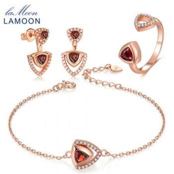 LAMOON Red Garnet Real Natural Gemstone S925 Sterling Silver Fine Jewelry Set for Women Wedding Engagement Luxury Bijoux V026-1