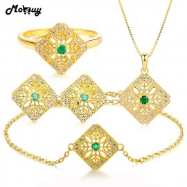 MoBuy Natural Gemstone Emerald 4pcs Jewelry Sets 100% 925 Sterling Silver Yellow Gold Fine Jewelry For Women Wedding V029EHNR