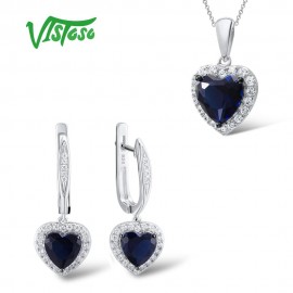 VISTOSO Jewelry Sets For Woman Blue Crystal Stones Jewelry Set Heart Earrings Pendant 925 Sterling Silver Fashion Fine Jewelry