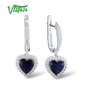 VISTOSO Jewelry Sets For Woman Blue Crystal Stones Jewelry Set Heart Earrings Pendant 925 Sterling Silver Fashion Fine Jewelry