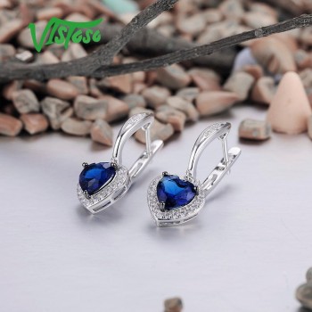 VISTOSO Jewelry Sets For Woman Blue Crystal Stones Jewelry Set Heart Earrings Pendant 925 Sterling Silver Fashion Fine Jewelry