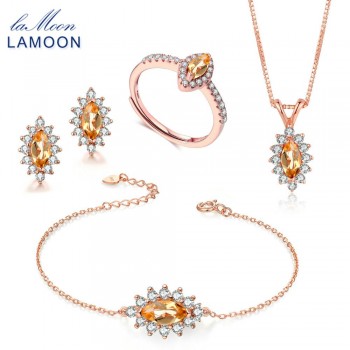 LAMOON Natural Yellow Citrine Gemstone 100% Real S925 Sterling Silver Jewelry Sets Fine Jewelry for Women Wedding Gift V005-1
