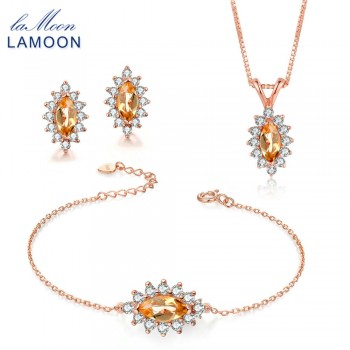 LAMOON Natural Yellow Citrine Gemstone 100% Real S925 Sterling Silver Jewelry Sets Fine Jewelry for Women Wedding Gift V005-1