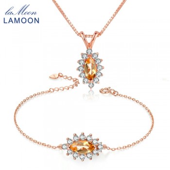 LAMOON Natural Yellow Citrine Gemstone 100% Real S925 Sterling Silver Jewelry Sets Fine Jewelry for Women Wedding Gift V005-1