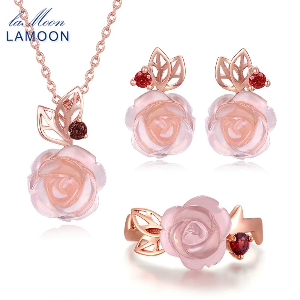 LAMOON FlowerRose Natural Pink Rose Quartz made with 925 Sterling Silver Jewelry  Jewelry Set V033-1
