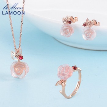 LAMOON FlowerRose Natural Pink Rose Quartz made with 925 Sterling Silver Jewelry  Jewelry Set V033-1