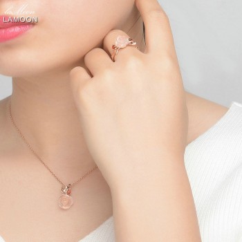 LAMOON FlowerRose Natural Pink Rose Quartz made with 925 Sterling Silver Jewelry  Jewelry Set V033-1