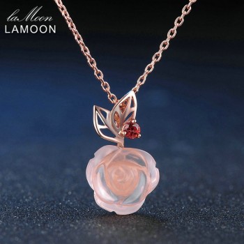 LAMOON FlowerRose Natural Pink Rose Quartz made with 925 Sterling Silver Jewelry  Jewelry Set V033-1