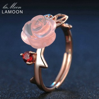 LAMOON FlowerRose Natural Pink Rose Quartz made with 925 Sterling Silver Jewelry  Jewelry Set V033-1