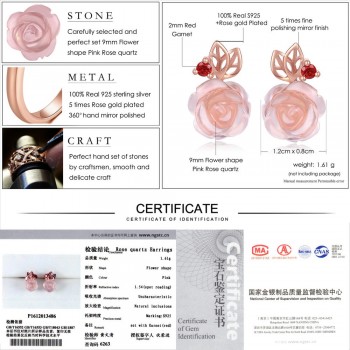 LAMOON FlowerRose Natural Pink Rose Quartz made with 925 Sterling Silver Jewelry  Jewelry Set V033-1