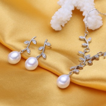 FENASY Pearl Jewelry,Pink Jewelry Sets for Women Natural Pearl leaves Necklace/Earring,earings fashion jewelry box christmas