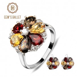 GEMS BALLET Natural Garnet Smoky Quartz Citrine Jewelry Set 925 Sterling Silver  Earrings Ring Set For Women Wedding Jewelry