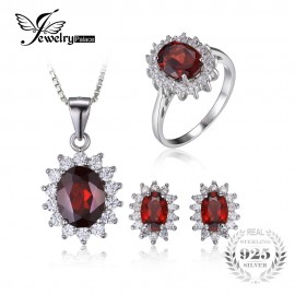 JewelryPalace Garnet Ring Pendant Earring and a Gift Chain Diana Jewelry Set Pure 925 Sterling Silver Crystal Jewelry for Women