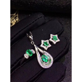 Natural and Real Emerald jewelry set Natural Real Emerald 925 sterling silver 1pc pendant,1pc ring ,2pcs Earring