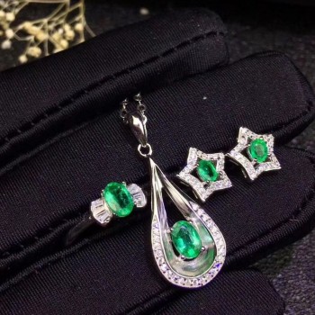Natural and Real Emerald jewelry set Natural Real Emerald 925 sterling silver 1pc pendant,1pc ring ,2pcs Earring