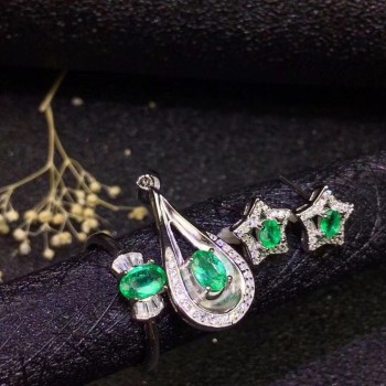 Natural and Real Emerald jewelry set Natural Real Emerald 925 sterling silver 1pc pendant,1pc ring ,2pcs Earring
