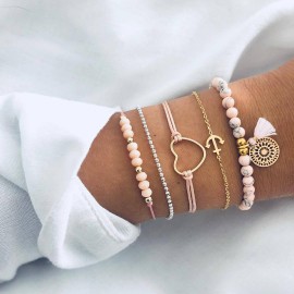 Multilayer Bohemian Handmade Pink Crystal Beads Bracelets for Women Vintage Fashion Heart Tassel Bracelet Bangles Jewelry Gifts
