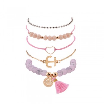 Multilayer Bohemian Handmade Pink Crystal Beads Bracelets for Women Vintage Fashion Heart Tassel Bracelet Bangles Jewelry Gifts