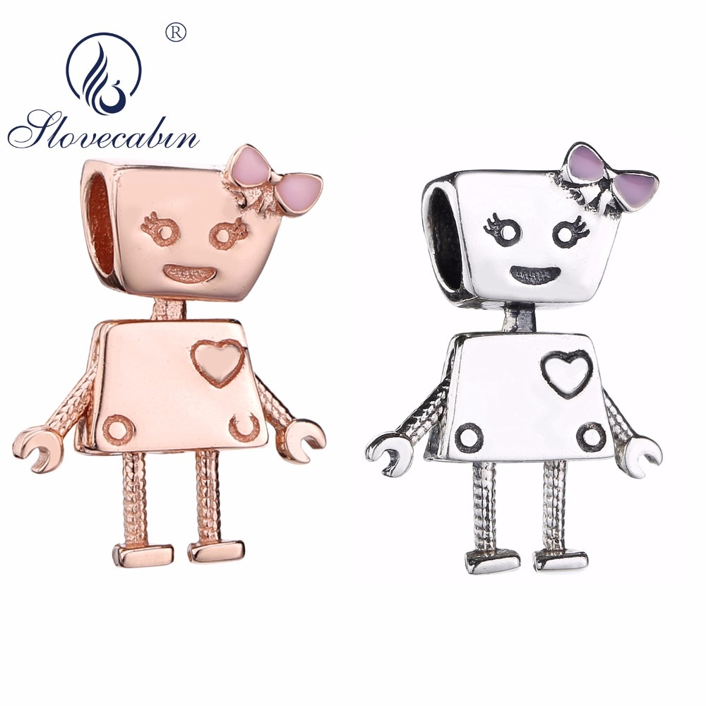 Slovecabin DIY Jewelry Marking Lovely Boy And Girl Robot Love Charm Bead 925 Sterling Silver Bella Bot Pink Enamel Bead 2 Colors