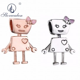 Slovecabin DIY Jewelry Marking Lovely Boy And Girl Robot Love Charm Bead 925 Sterling Silver Bella Bot Pink Enamel Bead 2 Colors