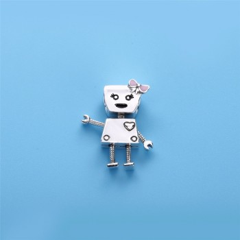 Slovecabin DIY Jewelry Marking Lovely Boy And Girl Robot Love Charm Bead 925 Sterling Silver Bella Bot Pink Enamel Bead 2 Colors
