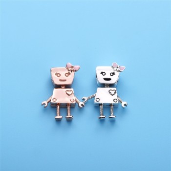 Slovecabin DIY Jewelry Marking Lovely Boy And Girl Robot Love Charm Bead 925 Sterling Silver Bella Bot Pink Enamel Bead 2 Colors