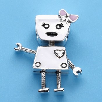Slovecabin DIY Jewelry Marking Lovely Boy And Girl Robot Love Charm Bead 925 Sterling Silver Bella Bot Pink Enamel Bead 2 Colors