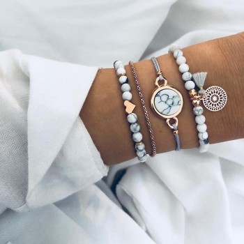 4pcs/lot Boho Charm Marble Stone Beads Bracelets Set For Women Vintage Rope Chain Link Heart Pendant Bracelet Mujer Jewelry