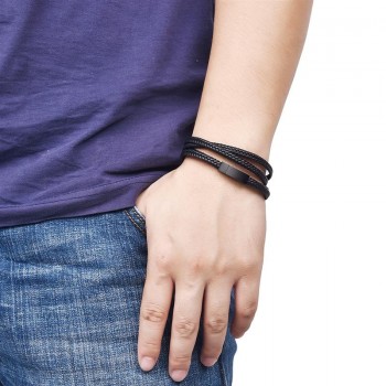 Jiayiqi Fashion Black Genuine Leather Bracelet Black Stainless Steel Clasp Multi Layer Braid Rope Chain Wristband Vintage Gifts