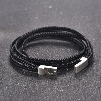 Jiayiqi Fashion Black Genuine Leather Bracelet Black Stainless Steel Clasp Multi Layer Braid Rope Chain Wristband Vintage Gifts