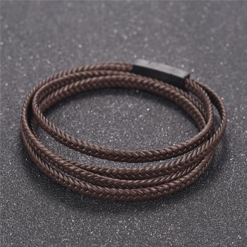 Jiayiqi Fashion Black Genuine Leather Bracelet Black Stainless Steel Clasp Multi Layer Braid Rope Chain Wristband Vintage Gifts