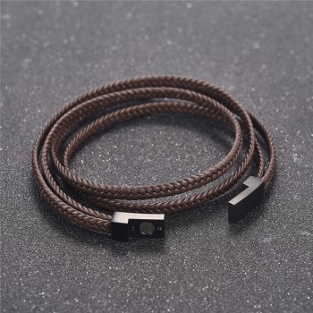 Jiayiqi Fashion Black Genuine Leather Bracelet Black Stainless Steel Clasp Multi Layer Braid Rope Chain Wristband Vintage Gifts